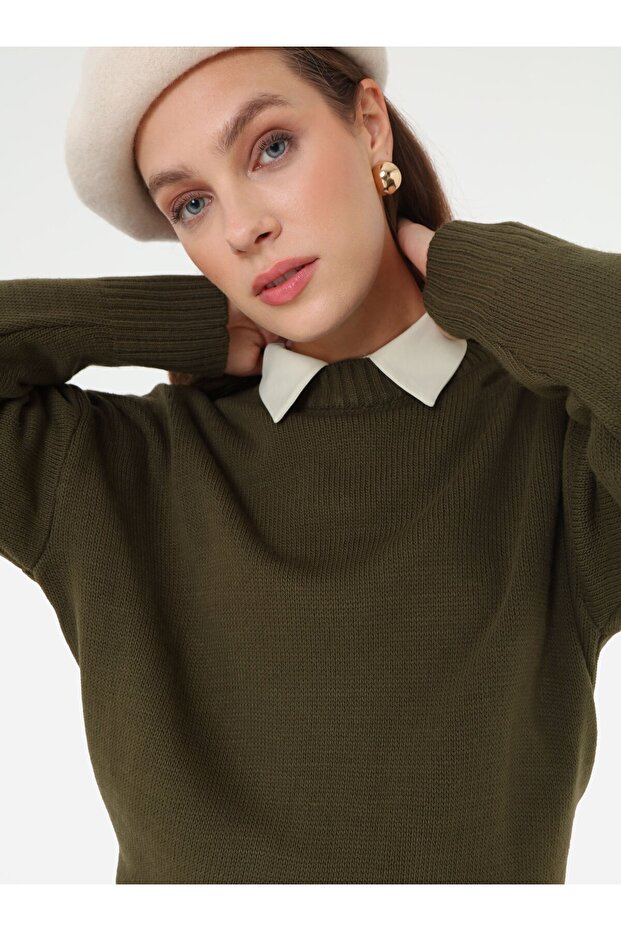 Bisiklet Yaka Basic Triko Kazak - Açık Haki - - 2