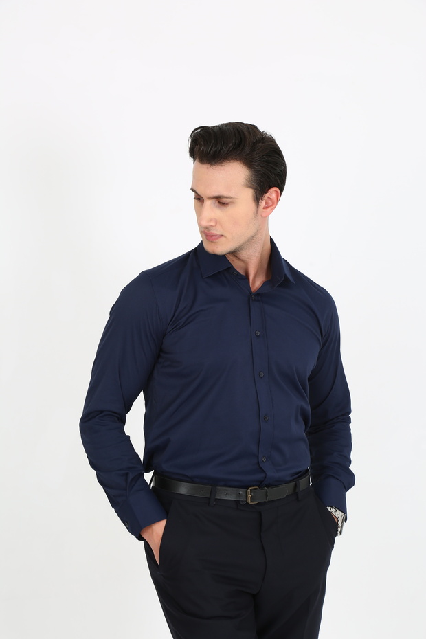 Classic Men's Slim Fit Solid Color Breathable Lycra Fabric Shirt Collar Shirt