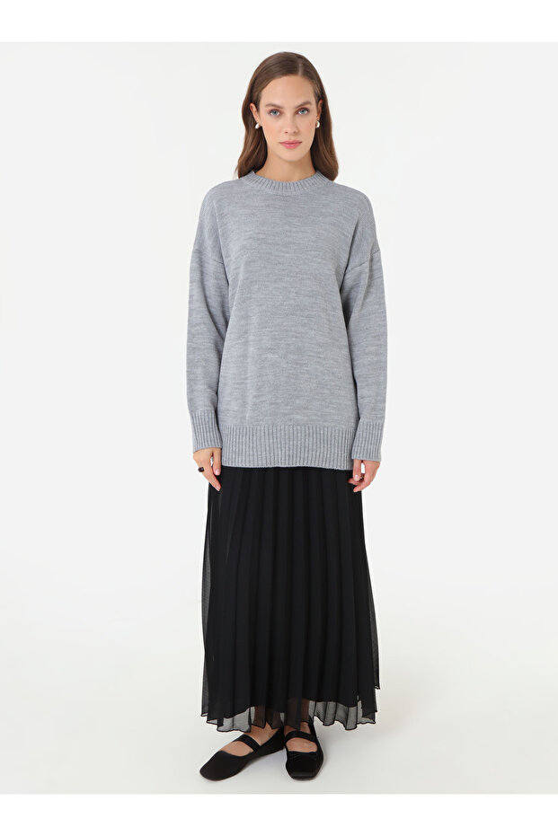 Bisiklet Yaka Basic Triko Kazak - Gri - - 2