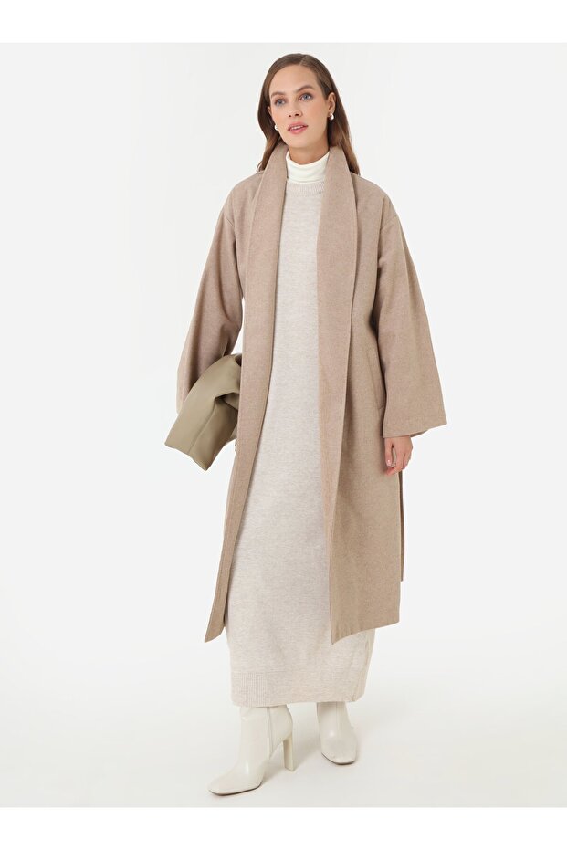 Basic Rahat Kalıp Triko Tesettür Elbise - Krem - - 2