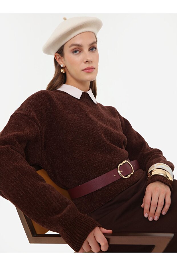 Yumuşak Tuşeli Basic Triko Kazak - Kahverengi - - 3