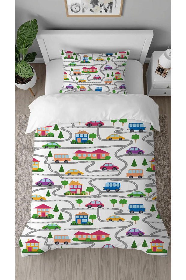 Car, House, Road, Tree Patterned Digital Printed Design Single Children's Duvet Cover Set Without Sheets