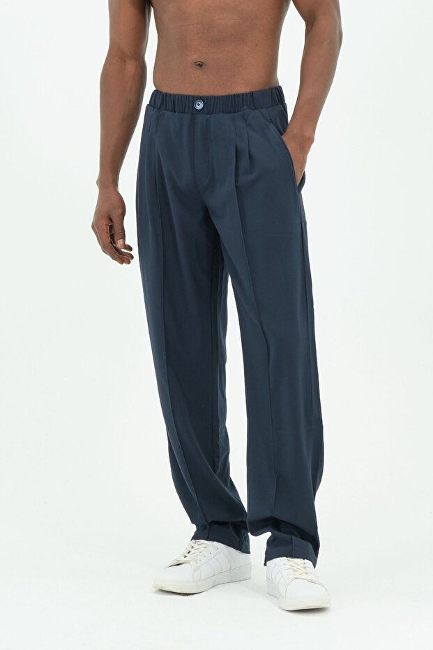 False Button Loose Fit 4 Seasons Pleated Navy Blue Trousers 2Xs-10Xl