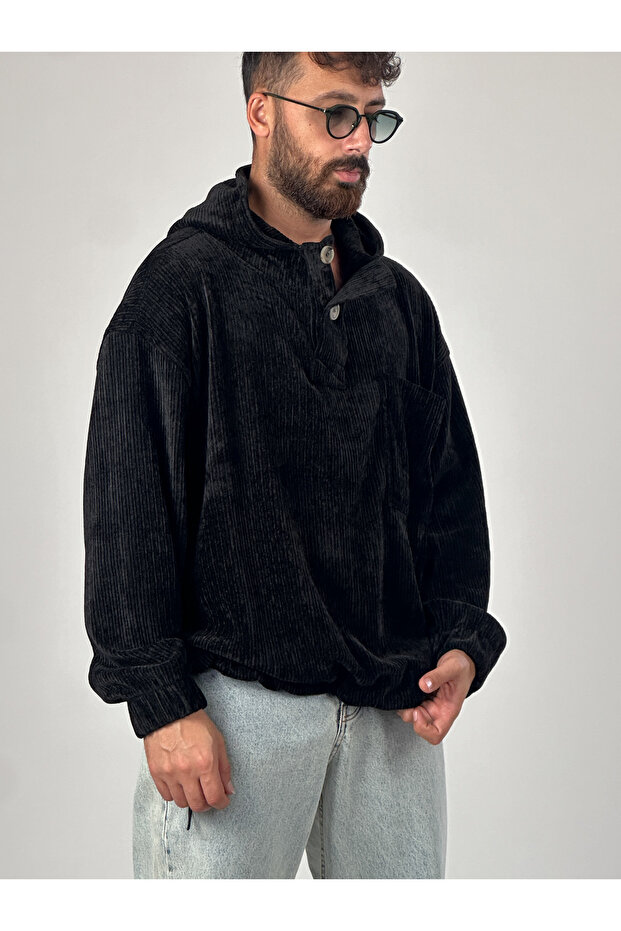 Velvet textured black oversize hooded men's sweatshirt coc1038