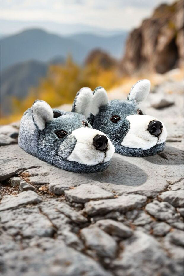 Husky Erkek Hayvanlı Panduf Gri - 5