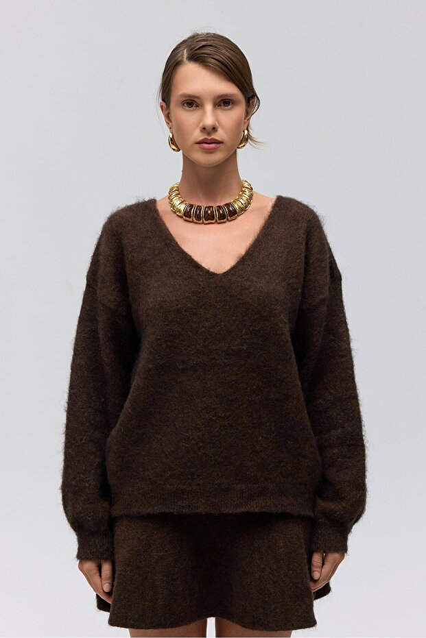 Zerium Basic V Yaka Kahve Triko Kazak - 2