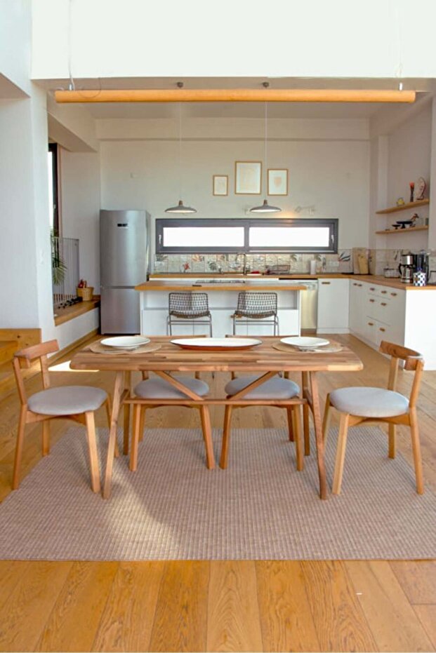 6 Kişilik Ceviz Masa Takımı,6 Adet ARC Ceviz sandalye,6 Kişilik yemek masa takımı Bej 160 x 80 - 1