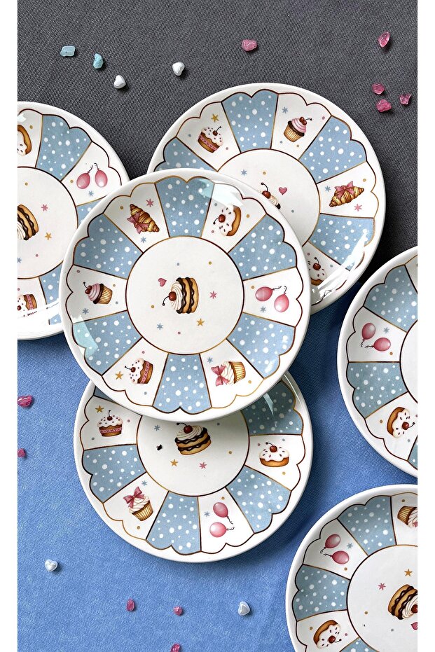 CUPCAKE MAVİ 6 PARÇA LÜX TATLI TABAĞI SETİ - 2