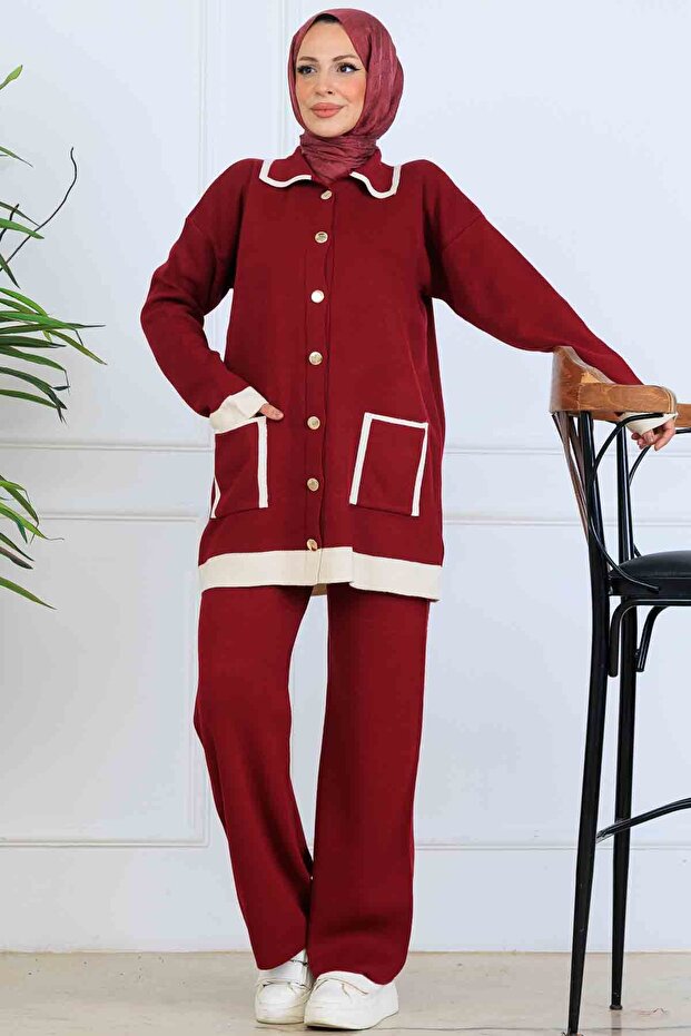 Buttoned Stripe Detailed Knitwear Set S1043 Burgundy