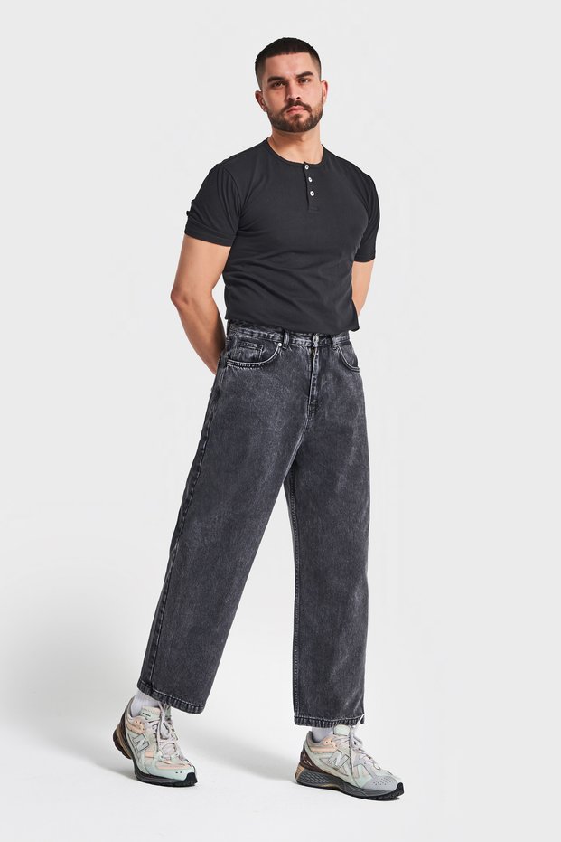 Men's Smoked Color 3W5-14 Loose Baggy Fit Wide Cut Pocket Embroidery Detailed Denim Jean