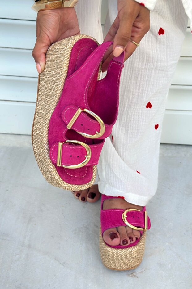 Nina Fuchsia Suede Wedge Heel Sandals