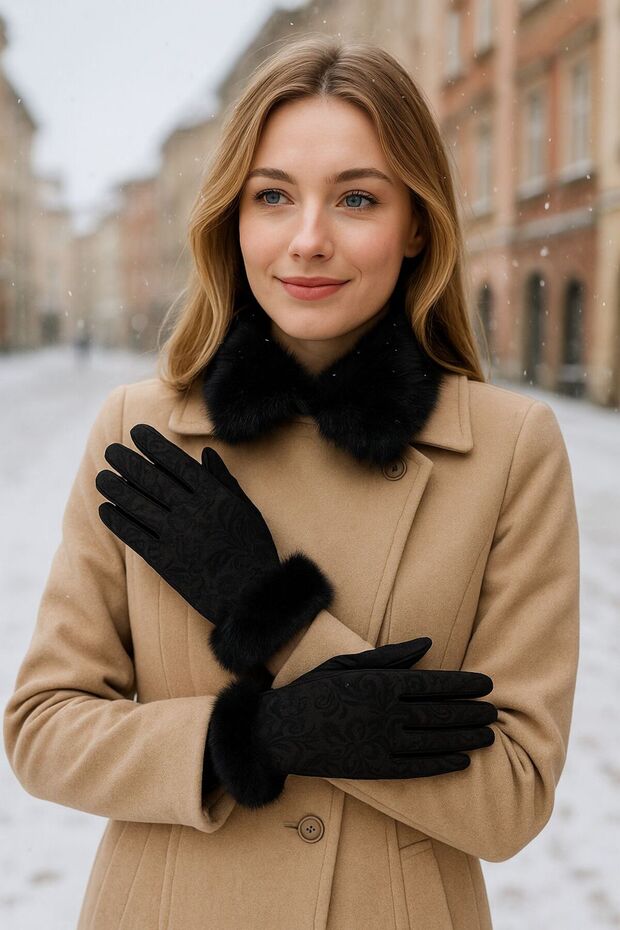 Black Ankle Fur Patterned Suede Women's Gloves