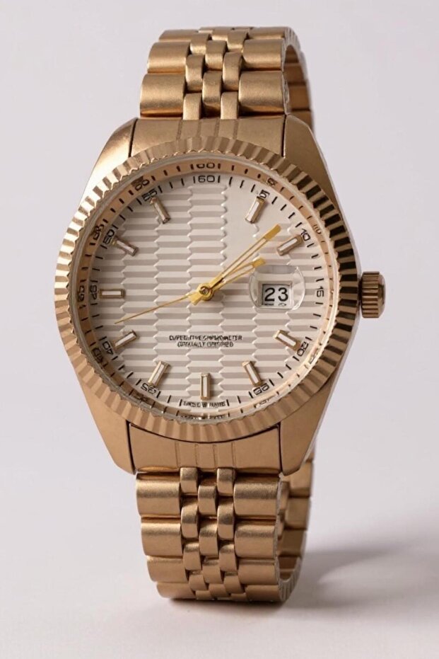 Men's Wristwatch - Gold Gold Band and Case, Cream Dial, Calendar - Special Boxed