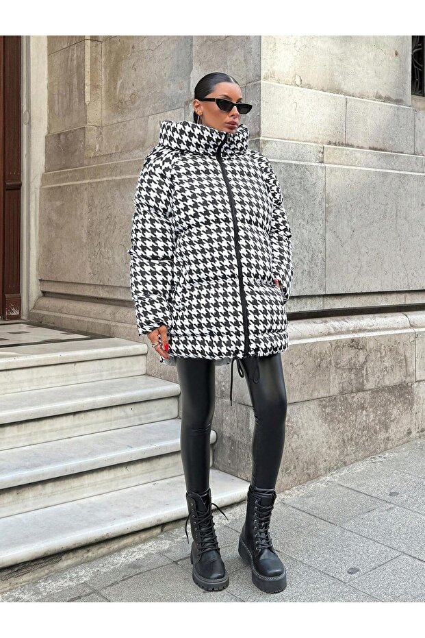 Houndstooth Patterned Inflatable Coat - 1