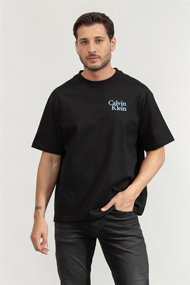 Erkek Renkli Calvin Yazı Desen Kısa Kol Regular Fit Siyah T-Shirt - 1