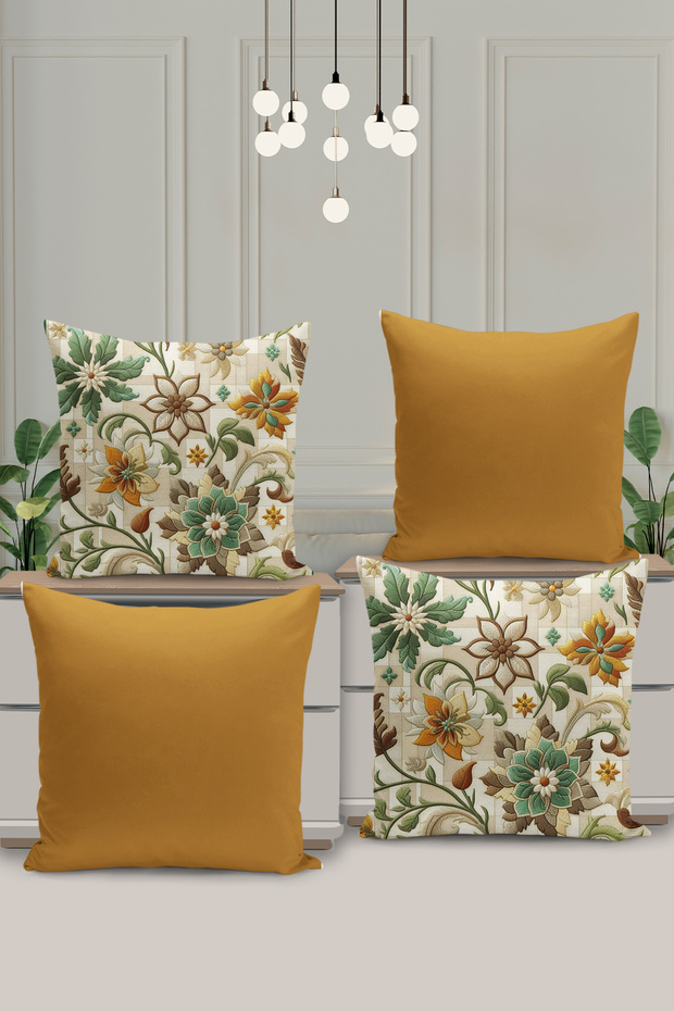 Set of 4 Reversible Digital Print Cushion Cover Embroidered Look Floral Print