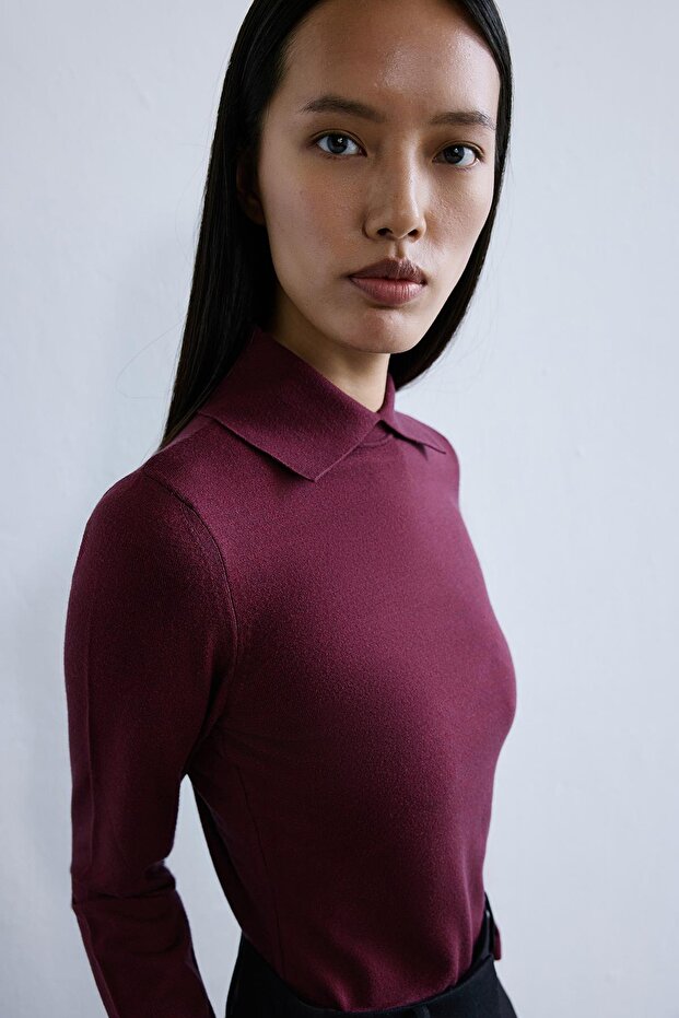 Yakalı Basic Bordo Triko Bluz - 5