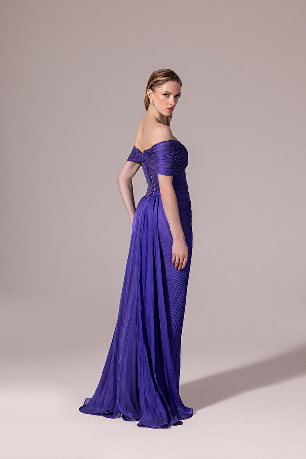 Pliseli Yırtmaçlı Abiye Elbise - 3