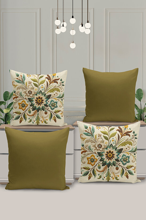 Set of 4 Reversible Digital Print Cushion Cover Embroidered Look Floral Print