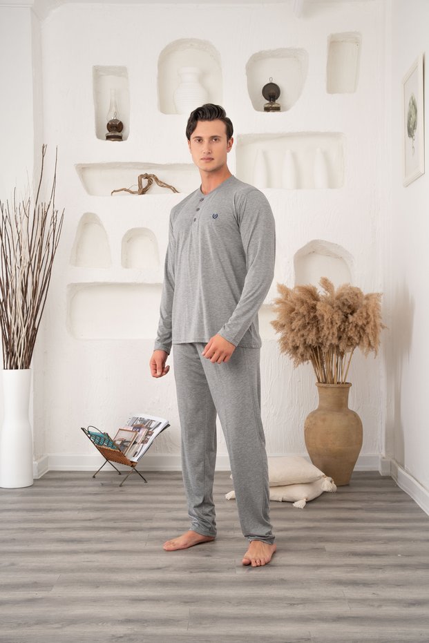 Men's Gray Design Classic Long Sleeve Buttoned Pocketed 100% Cotton Seasonal Pajama Set