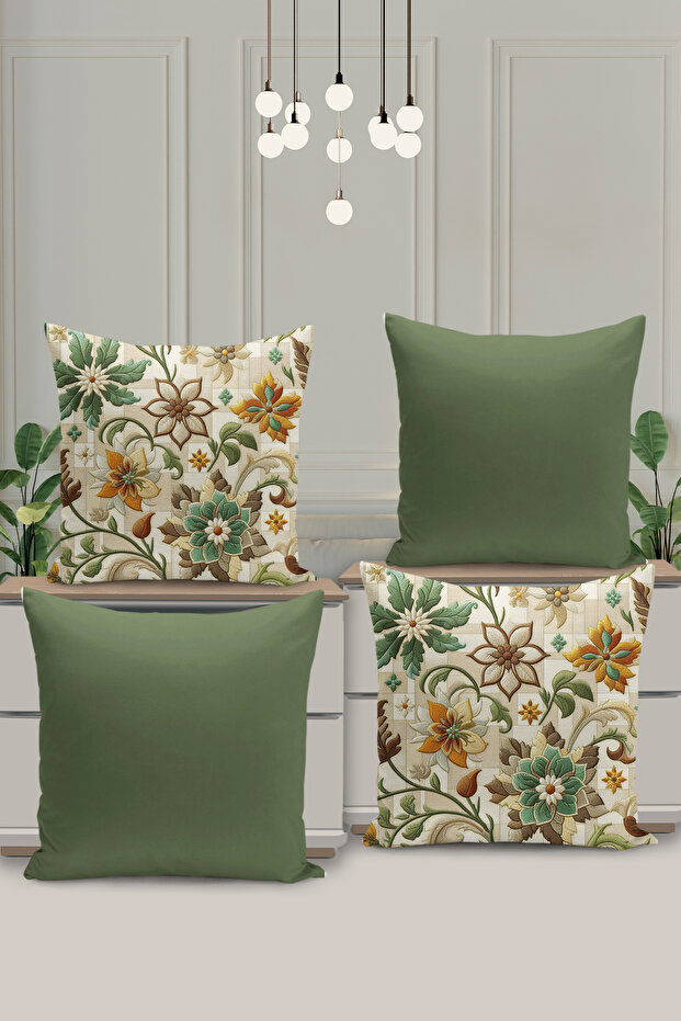 Set of 4 Reversible Digital Print Cushion Cover Embroidered Look Floral Print