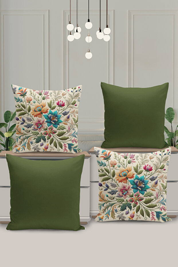 Set of 4 Reversible Digital Print Cushion Cover Embroidered Look Floral Print