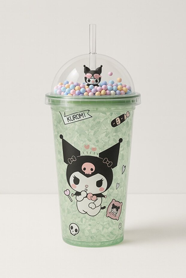 Kuromi Themed Water Bottle with Straw, Frosted Glass Look, 450 ml Double Layer Mica Water Bottle 2647 Green