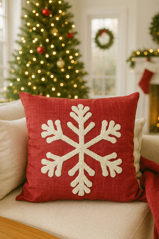 Punch Embroidered Throw Pillow Cover - 43*43 cm - Red Snowflake - Pnk001