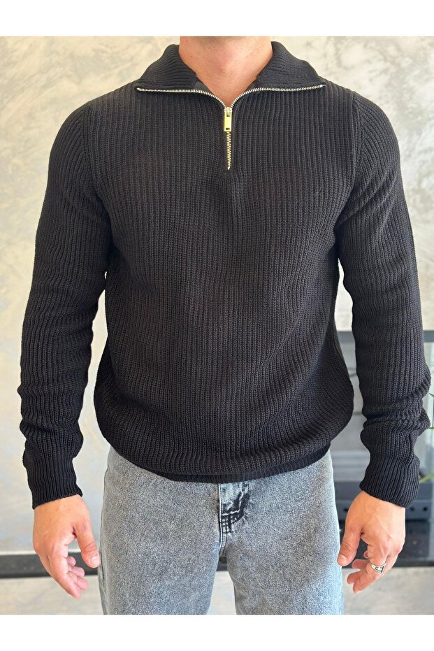 Men's Zipper Detailed Knitted Sweater Black Eca031