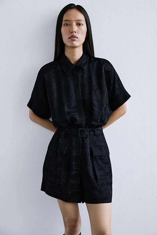 Dokulu Mini Siyah Tulum - 6