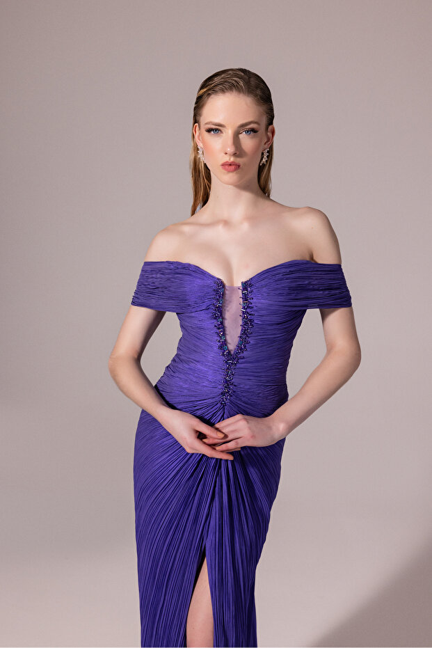 Pliseli Yırtmaçlı Abiye Elbise - 1