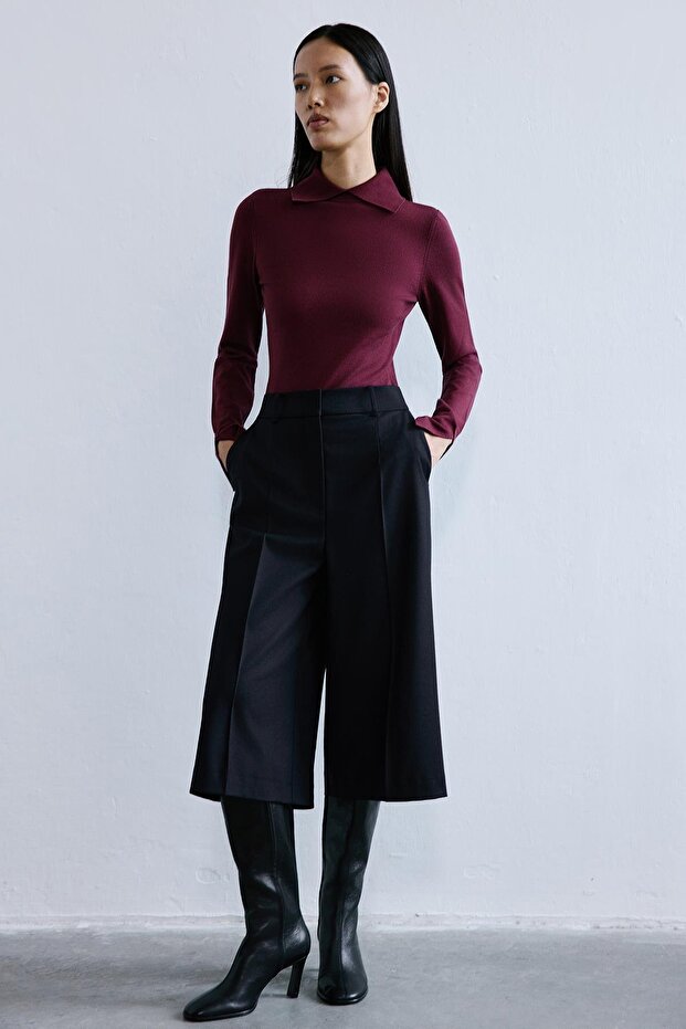 Yakalı Basic Bordo Triko Bluz - 6