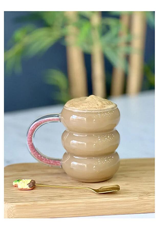 Lüx Borosilikat Cam Fenomen 300 Ml Renkli Kulplu latte bardağı kahve bardağı tabaklı - 2