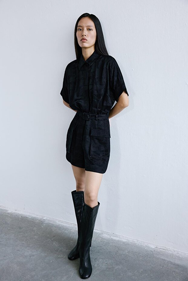 Dokulu Mini Siyah Tulum - 2