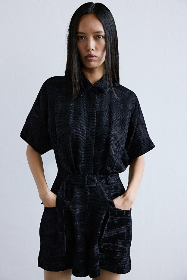 Dokulu Mini Siyah Tulum - 4