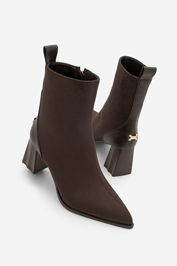 Kadın Sivri Burun Kalın Ökçe Topuklu Bot Esvon Kahve Süet - 1