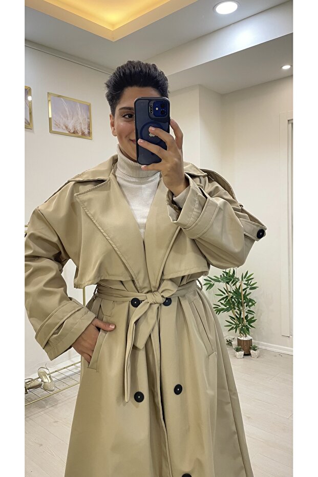 Kruvaze Siyah Trençkot - 3