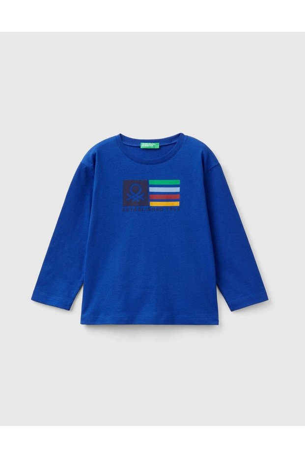 Boy's Cobalt Blue Multicolor Logo Printed Crew Neck Long Sleeve T-Shirt