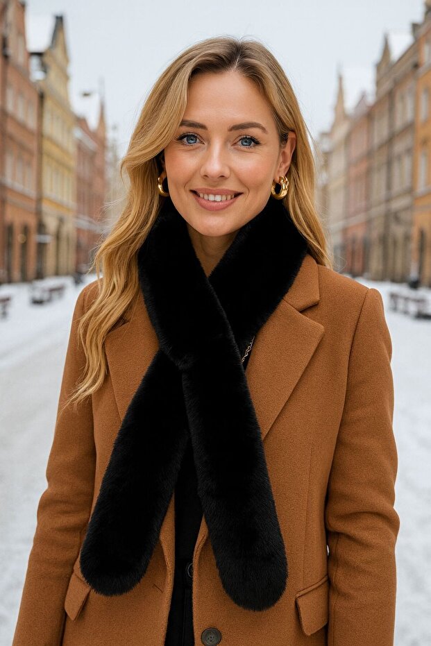 Black Long Plush Women's Neck Collar 180X10 cm