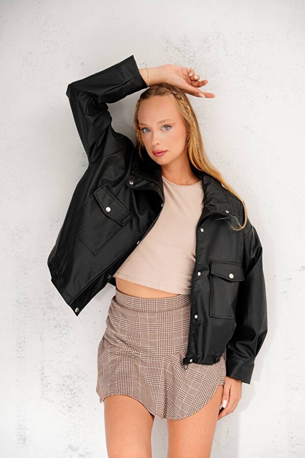 Oversized Leather Jacket with Drawstring Front Pocket Detail on the Sides