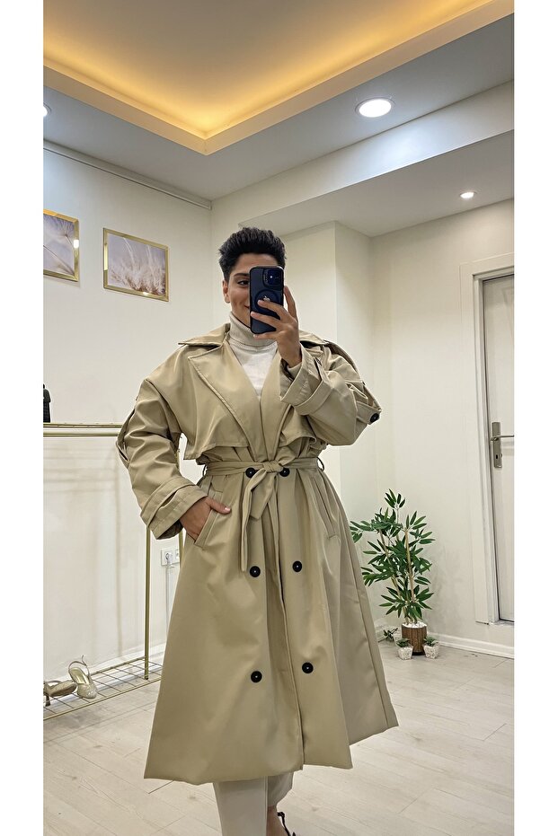 Kruvaze Siyah Trençkot - 1