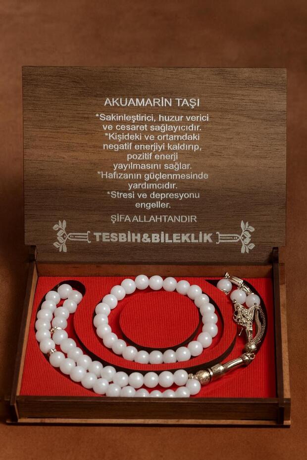 Natural Stone Aquamarine Stone Rosary-Bracelet Set with Wooden Box