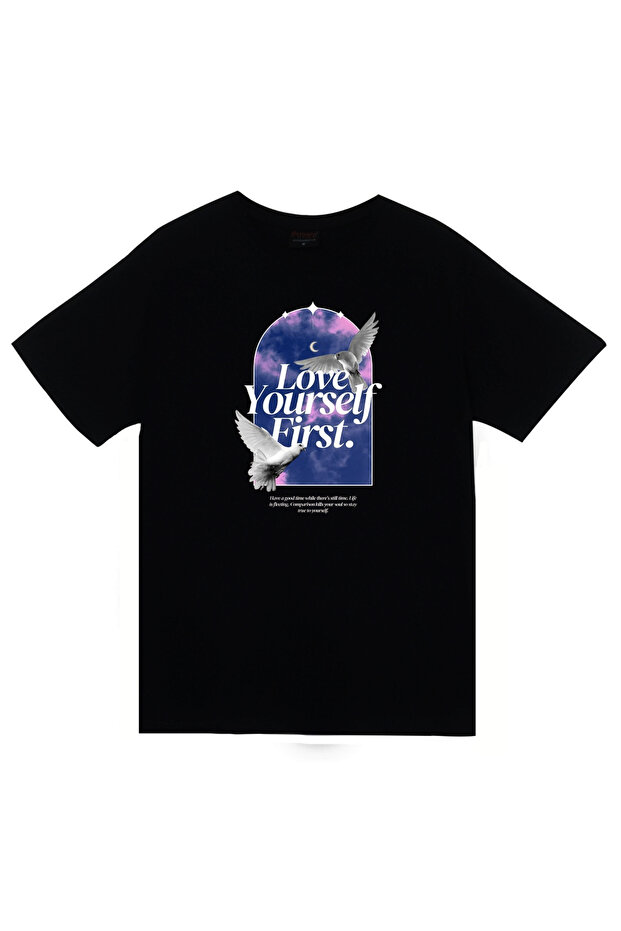 Love Yourself First - Bird - Sky - Moon Printed Unisex 100% Cotton Black T-Shirt