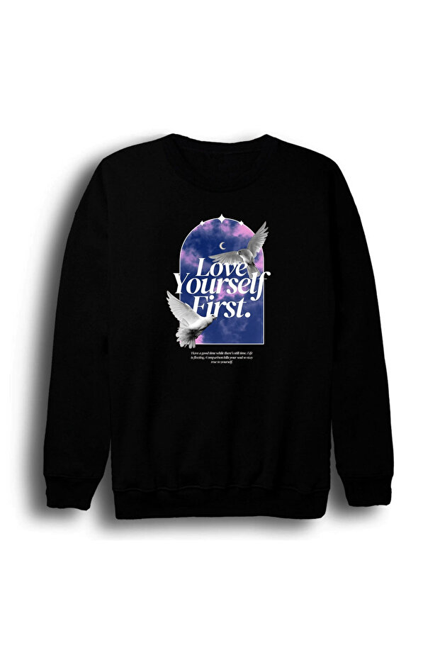 Love Yourself First - Bird - Sky - Moon Printed Unisex 100% Cotton Crew Neck Black Sweatshirt