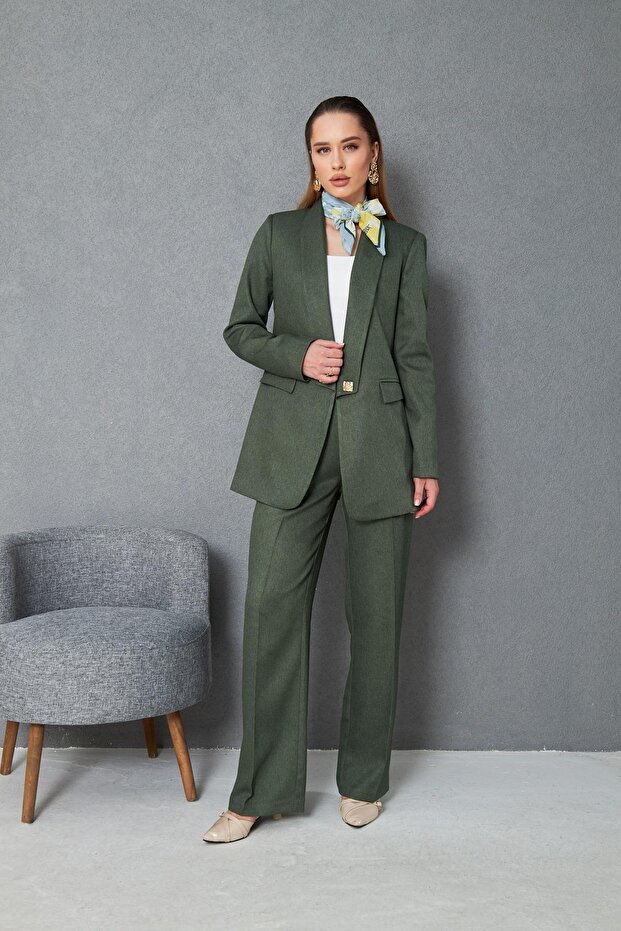 Kare Düğmeli Yünefekt Takım Haki - 5