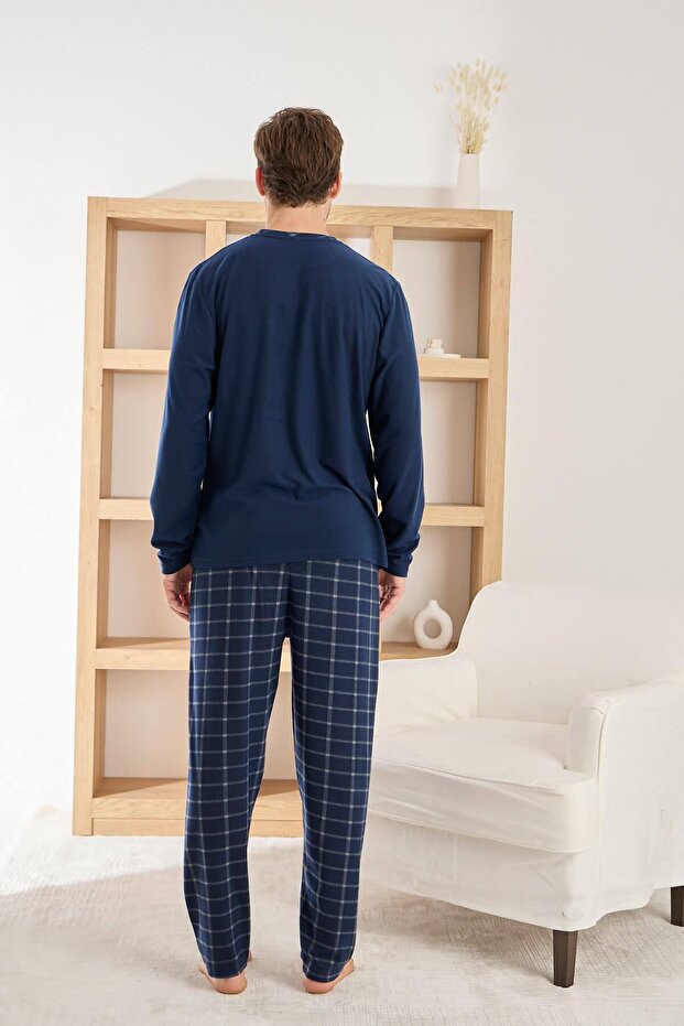 Lacivert Ekru Ekose Desenli Elegant Erkek Pijama Takımı - 3
