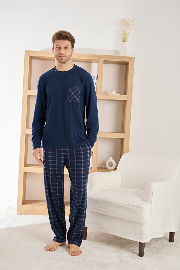 Lacivert Ekru Ekose Desenli Elegant Erkek Pijama Takımı - 2
