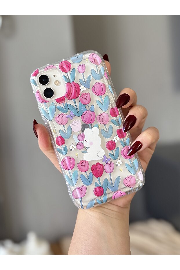 iPhone 11 Transparent Case with Flower and Rabbit Pattern - 1