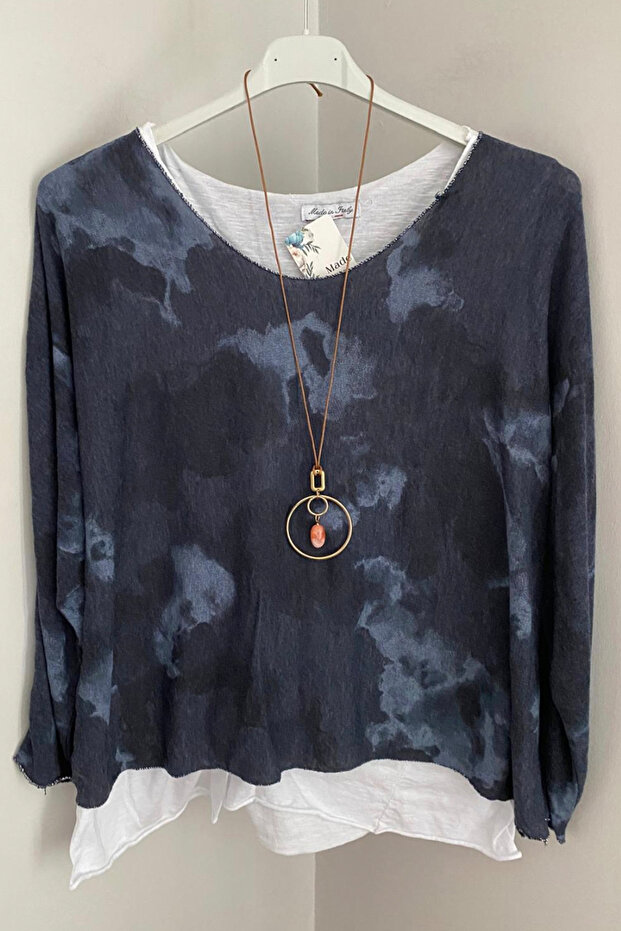 Women's Italian Navy Blue Tie-Dye Patterned Cotton Combed Sleeveless Inner Long-Sleeve Knitwear Blouse 2-Piece Set