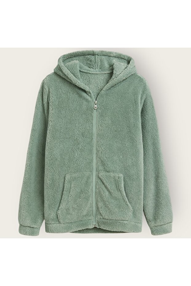 Girl's Oversize Plush Cardigan with Zippered Pockets and Hood